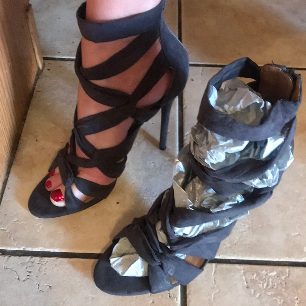 Strapped justfab gray stilettos